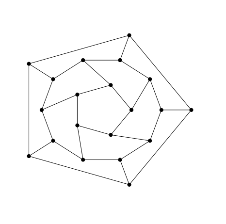 The dodecahedral graph drawn with nodes in three concentric shells of 5, 10 and 5 nodes.