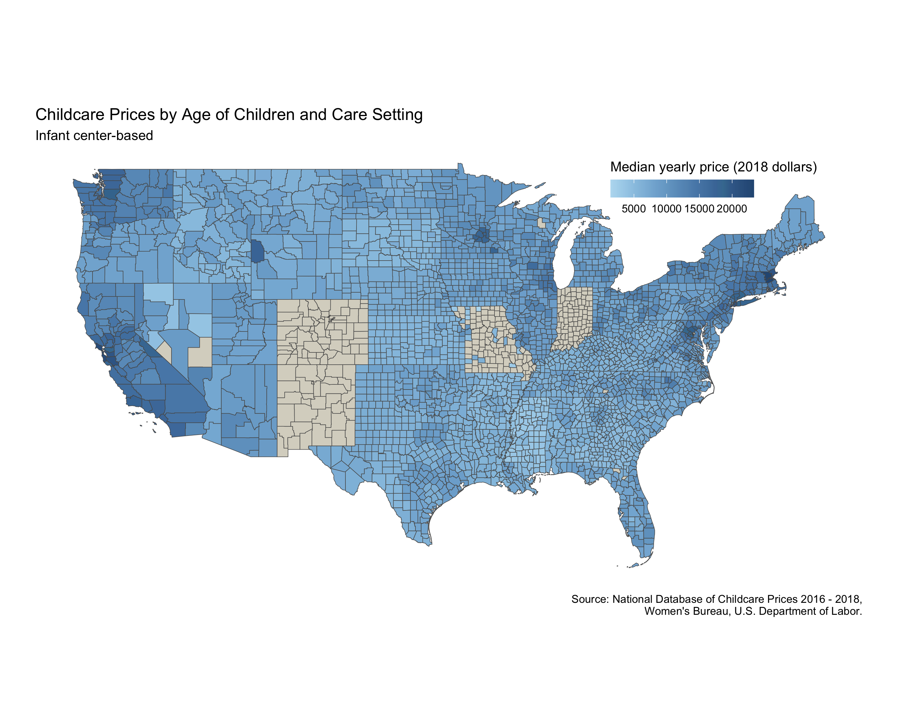 A chloropleth map showing the median cost of childcare in the USA between 2016 and 2018. The coloured regions of the map correspond to counties.